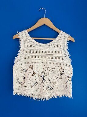Boho Crochet Ecru White Knit Cotton Crop Half Top Cottagecore Fairy - OS